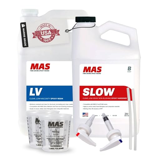 MAS Epoxies Marine Epoxy Resin Kit (1.5-Gal, Slow) 2:1 High Performance Non-Blushing Self-Leveling Hardener for Boat and Wood Repair, Fiberglass Repair Kit with Cups and Pumps