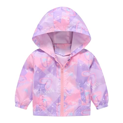 Kids Girls Pattern Print Zip Up Hooded Jacket Windproof Long Sleeve Lightweight Windbreaker Toddler Boys Cute Outwear