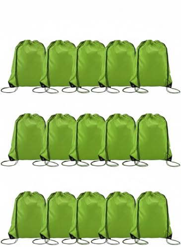 Playcrate 15 bolsas con cordón, bolsas de regalo de fiesta y bolsa de cuerda deportiva para gimnasio, escuela, organización de almacenamiento de viaje, verde claro, 43 x 34 cm