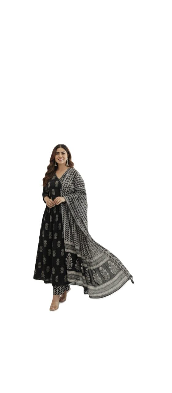 Women's Traditional Black Cotton Anarkali Dress with Block Print Dupatta, Ethnic Floor Length Kurta Set-image-49