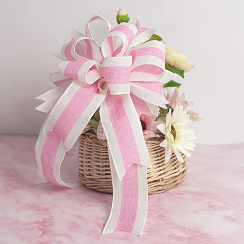MEEDEE Pink White Stripe Wired Burlap Ribbon with Ivory Stripes Edge - 2.5 Inch, Light Pink (10 Yards) for Wreaths, Garland, Lantern, Mailbox Topper Bow by MEEDEE - Used condition - Image 3