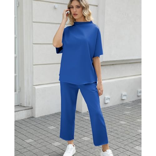 Image of SeeLuNa Women's Two Piece Outfits 3 /4 Batwing Sleeve Capelet Crew Neck Pullover Top Wide Leg Pants Lounge Set