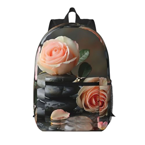 Sac à dos d'école avec poche frontale EdWal noir léger motif pierres et roses