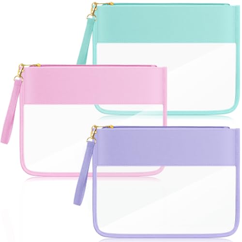 Sanwuta 3 Pcs Clear Flat Zipper Makeup Pouch for Travel, Pink Green Purple