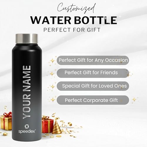 Image of Speedex Customised Engraved Name Stainless Steel Water Bottle 1 Ltr - Personalised Screw Cap Bottle for Kids, Men & Women, School, Office, Gym, Black Grey, Set of 1