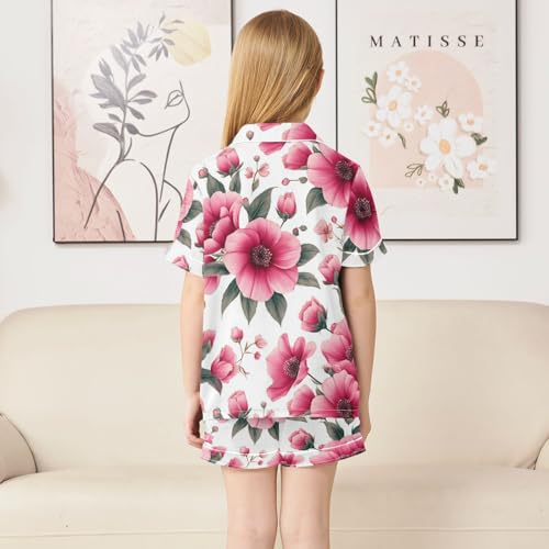 Satin Pajama Sets Short Sleeve Floral Pattern with Flowers Button Down Silky Nightwear 2 Piece PJS 5-14Y4
