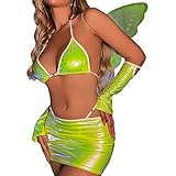 Agoky Damen Fee Cosplay Kostüm Set Glänzend Neckholder Schnür BH + Tanga+ Minirock + Handschuhe + Flügel Gogo Tanz Outfits Clubwear Leuchtendes Grün L