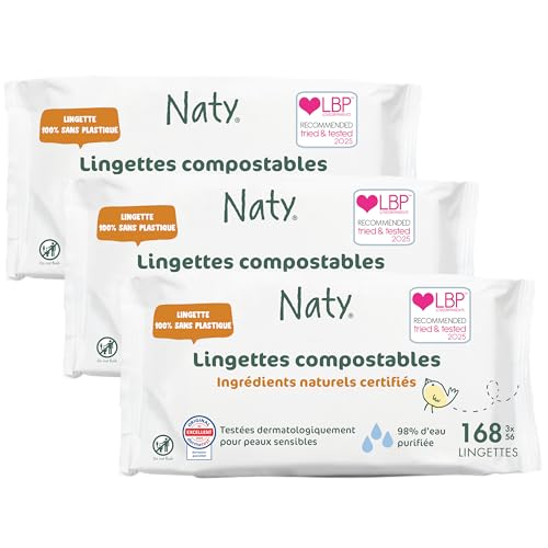 Naty Lingettes bébé naturelles sans parfum | 98% Eau purifiée pour peau sensible | Douces pour nouveau-nés d’origine végétale | Sans plastique & certifiées compostables | 168 unités (3 paquets)