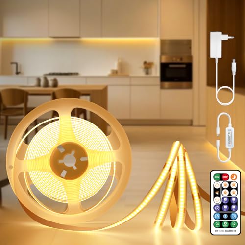 COB LED Streifen 5m, LED Strip Warmweiss Dimmbar per Fernbedienung, Lichtband Led Selbstklebend 24V 3000K, Lichtleiste indirekte Beleuchtung, Leiste mit Netzteil, Led Band für TV Küche Schrank Deko