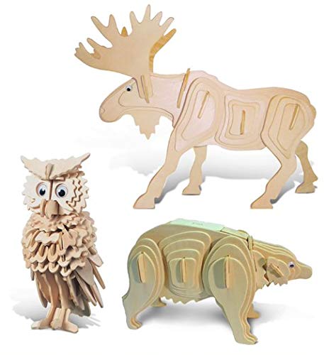 Puzzled Bundle of Owl, Moose & Black Bear Wooden 3D Puzzle Construction Kits, Fun Unique Educational DIY Wild Animals Toys Assemble Model Unfinished Wood Craft Hobby Puzzles to Build & Paint - 3 Pack