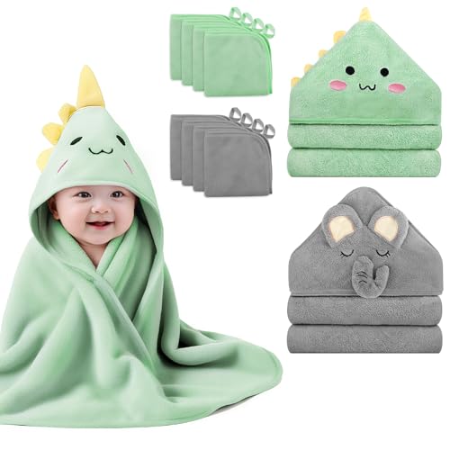 Image of 10 PCS Cute Baby Towels Set, 2 PCS Soft Baby Hooded Towels & 8 PCS Washcloths, Baby Bath Towels for Newborns, Infants & Toddlers, Ultra Absorbent, Cute Baby Towel Gift for Boys & Girls