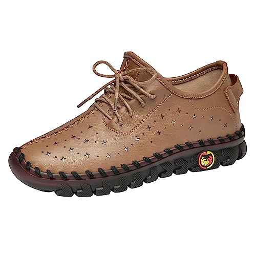 Image of Women'S Hollow Leather Lace Up Flat Loafers,Lightweight Breathable Casual Comfort Non-Slip Walking Shoes Handmade Beef Tendon Soft Sole Mom Nurse Shoes