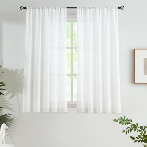 Image of Treatmentex Sheer White Curtains 45inch Length Faux Linen Semi Sheer Curtain Drapes for Small Windows Privacy Light Filtering Voile Curtain Panels for Basement Laundry Room 52 inch w x2 Panels Rod Pocket