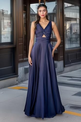 Bekvamlighet Women's Silk Satin Bridesmaid Dresses for Wedding A Line V Neck Prom Dress Keyhole Corset Formal Party Gown4