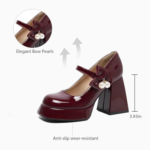 Women's Patent Leather Platform Chunky Heel Mary Janes Pumps Fashion Square Toe Cute Bow Pearl Elastic Band Block High Heel Lolita Dress Shoes for Wedding Party Prom4