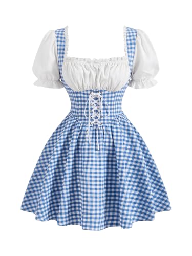 WDIRARA Women's Vintage Cottagecore Gingham Dresses Puff Sleeve Lace Up Corset Flared Dress