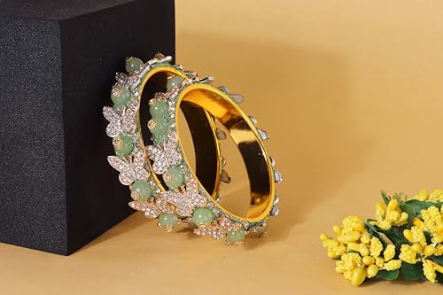 Image of LAVAZZA Stylish Butterfly Design Golden Metal with Zircon Diamond & Pearls Moti Bangles Kada For Women & Girls | Traditional Girl's Bangles Bracelet | Women's Kangan Wedding, Party-Set of 2