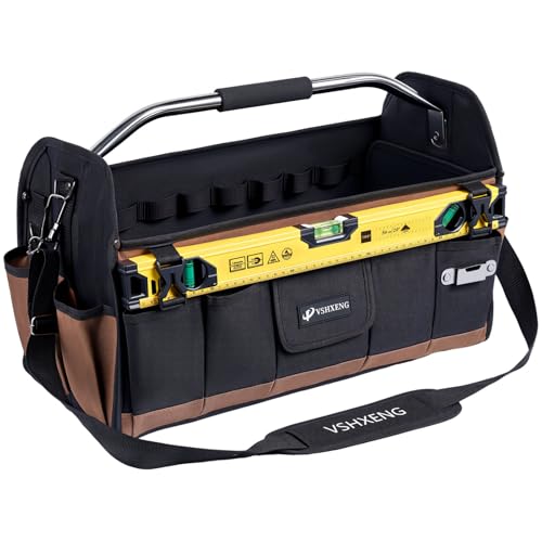 VSHXENG 20 Inch Tool Bag, Foldable 19 Pockets Tool Tote Bags with Tool Organizer with Adjustable Shoulder Strap, Easy Carry and Easy Tool Access Open Top Tool Bag