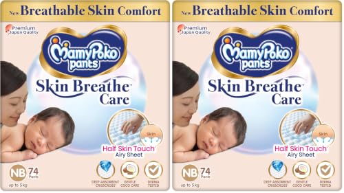 Image of MamyPoko Pants Skin Breathe Care | Baby Diapers New Born Size (NB) | 74 Count | up to 5Kgs | Half Skin Touch Airy Sheet | 3X Breathable | Derma Tested (Pack of 2)