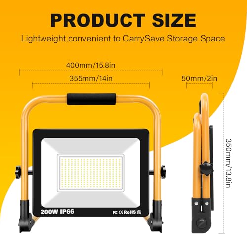Willpower Tragbar Baustrahler 200W 20000LM Arbeitsstrahler Mit Stecker Klappbügel Scheinwerfer 6000K Weiß IP66 Wasserdicht LED Strahler Fluter für Werkstatt Baustelle Garage – Bild 3