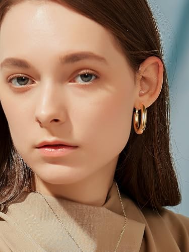 Image of Stainless Steel Chunky Hoop Earrings For Women, Minimalist and Chic, Black /Gold Plated, Round Hoops Earrings Hypoallergenic, Size: 30mm /40mm /60mm /80mm, Come with Box