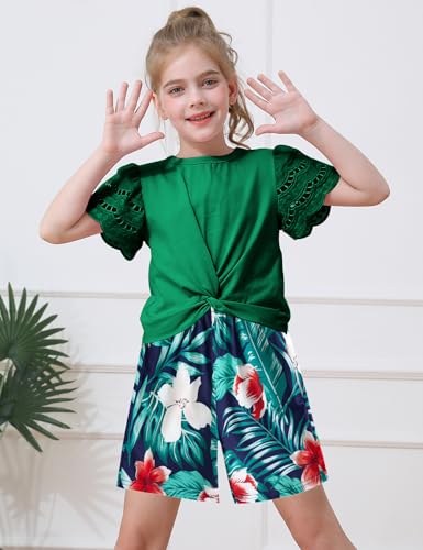 Image of mksodop Girls Clothes 2-Piece Teen Girls clothes Lace Hollow Short-Sleeved Twist T-Shirt And Floral Short Girl Summer Outfits