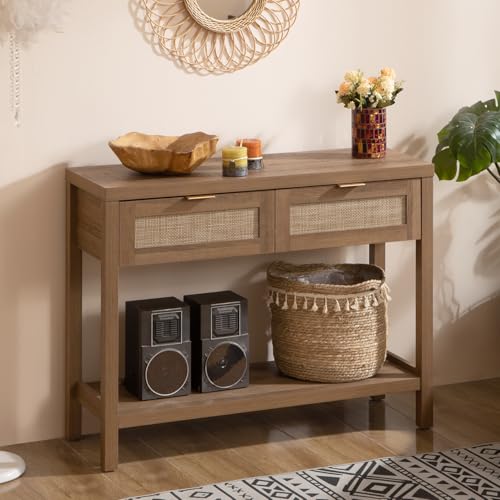 SICOTAS Console Table with Rattan Drawers - Boho Rattan Entryway Table with Storage, Small Console...