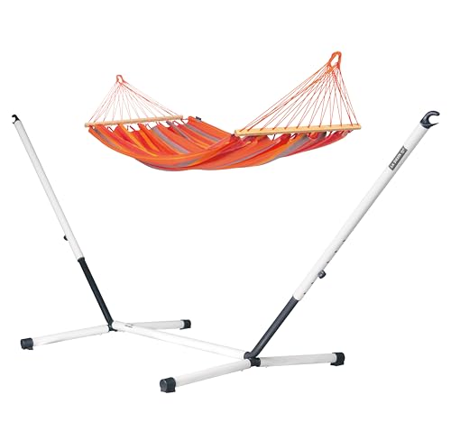 LA SIESTA® Alisio Hamaca simple con barra y soporte de acero – Soporte para hamaca exterior interior resistente a las inclemencias del tiempo, hamaca colgante, tela de hamaca con pie de madera para 1
