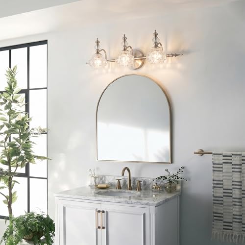 Image of Bathroom Vanity Light Fixtures, Farmhouse Vintage Wall Sconce Lighting with Glass Shade, Bath Vintage Wall Mounted Lamps for Mirror (3 Lights, Brushed Nickel, G9 Base)