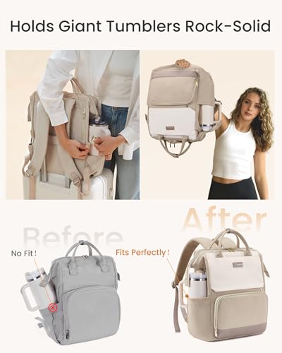 Image of LOVEVOOK Laptop Backpack for Women with Giant Tumbler Holder Pocket, 15.6 inch Travel Work Backpack Purse for Nurse Teacher, Waterproof Bag College Bookbag Casual Daypack Khaki