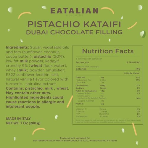 Image of EATALIAN by AMZ BETTER Pistachio Cream with Kataifi, 7oz /200 gr, Spreadable Pistachio Paste, Sweet and Unique Taste, Ideal on Bread, for Cakes, Dessert, Ice Cream, Excellent for Dubai Chocolate, Made in Italy