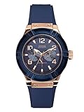GUESS Women's Stainless Steel Silicone Casual Watch, Color: Rose Gold-Tone/Rigor Blue (Model: U0571L1)