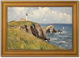 Vintage Gold Framed Canvas Wall Art, Island Lighthouse Poster Artwork, Nature Ocean Landscape Print Picture, Seascape Painting Wall Decor, for Living Room, Bedroom, Home Decoration, 9x11in