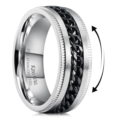 Image of King Will Black /Blue Stainless Steel 8mm Rings for Men Center Chain Spinner Ring, Size 7-14