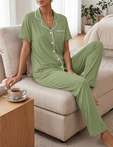 Image of ZMJ Womens Pajamas Sets 2 Piece Button Up Pj Sets Short Sleeve with Long Pant