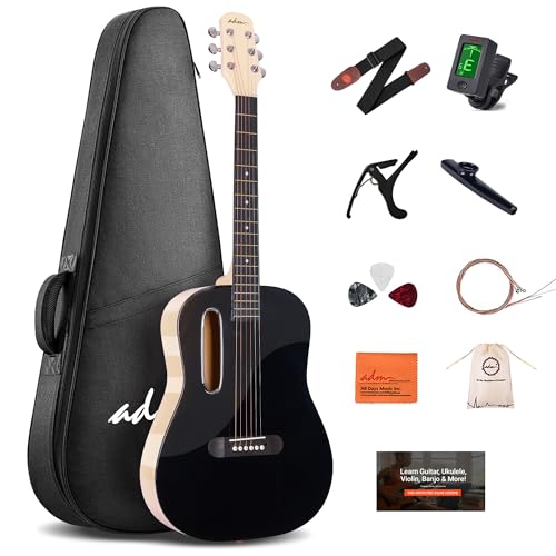ADM Acoustic Guitar Kits for Beginners Adults - 38' Steel-String Guitars Bundle with Online Lesson Wooden Bowl Guitarra Starter Set Package with Bag, Strap, Picks, Capos, Kazoo, Black