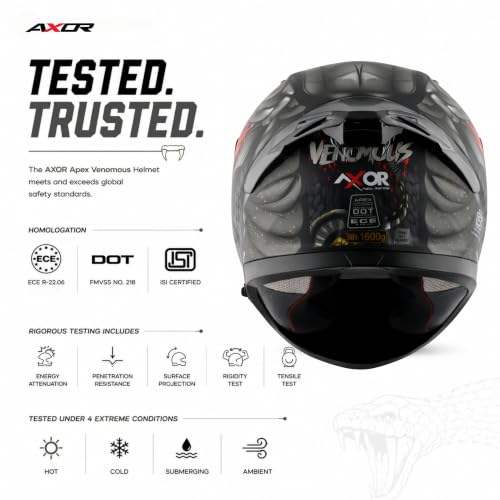 Image of Axor Apex Venomous ISI ECE DOT Certified Full Face Dual Visor Helmet for Men and Women with Pinlock Fitted Outer Clear Visor and Inner Smoke Sun Visor Dull Black Grey(L)