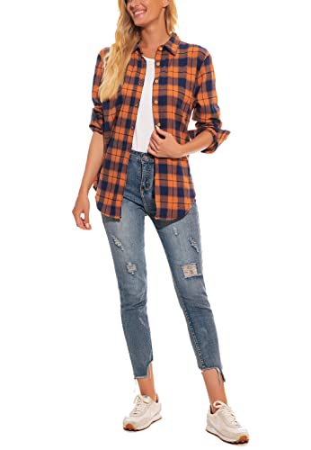 GUANYY Womens Long Sleeve Shirts Classic Button Down Flannel Shirt Cotton Plaid Loose Fit Blouses4