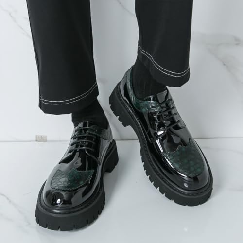 Image of Men's Patent Leather Platform Wingtip Oxford Shoes with Rivets Round Toe Lace Up Lug Sole Brogue Dress Shoes Comfortable Business Work Causal Derby Oxfords