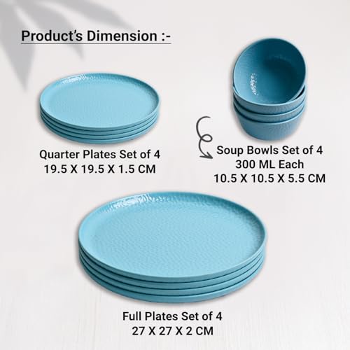Image of Market99 Heavy-Duty Turquoise Hammered Melamine Dinner Set - 12 Pcs | Includes 4 Dinner Plates, 4 Side Plates & 4 Soup Bowls | Matte Finish Tableware for Daily Use, Kitchen & Dining Decor