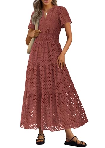 Image of PRETTYGARDEN Womens 2026 Summer Maxi Dress Short Sleeve V Neck Hollow Out Eyelet A Line Long Flowy Beach Vacation Dresses