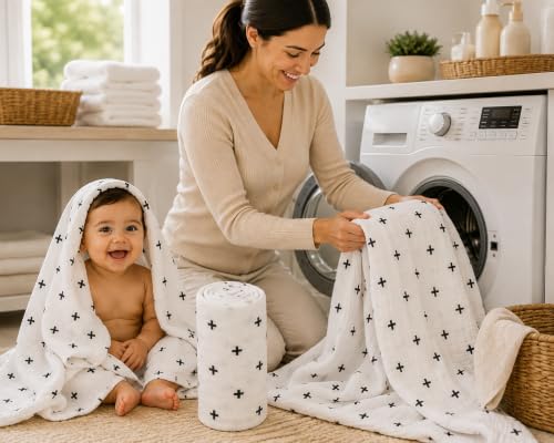 Image of 100% Cotton Muslin Baby Swaddle & Bath Towel, 120 x 120 cm (47 x 47 Inches), Soft & Breathable Newborn Baby Swaddle Wrap, Lightweight Cotton Baby Blanket, 0-18 Months, Coconut + Black Plus, Set of 2