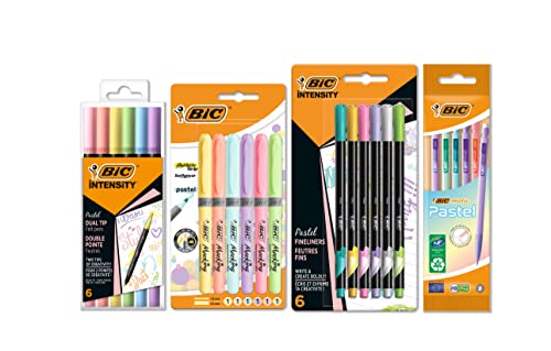 BIC Schreibwaren Set Pastell à 23: 6 Textmarker, 5 Fineliner, 6 Bleistifte, 6 Dual Tip Brush Pens, jeweils in verschiedenen Pastellfarben