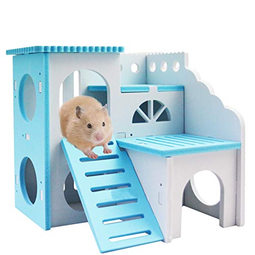 Babyezz Wooden Hamster House Hiding House Mouse Hiding Place, Double Villa Design, Chewing Toys For Hamsters, Mice, Gerbils And Other Pets (Blue) #TOP10