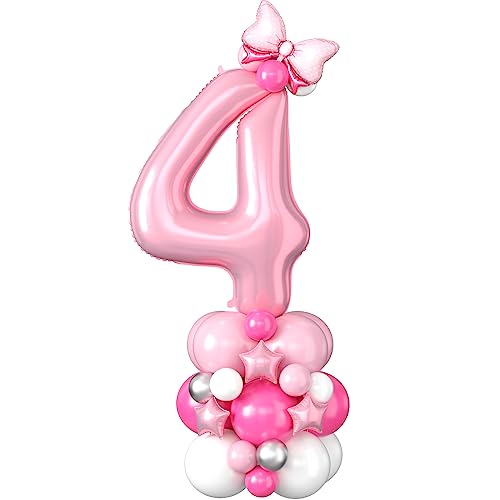 Image of 40 Inch Pink Number 4 Balloon Tower 4th Birthday Decorations for Girls | Large Pastel Baby Hot Pink White Number Four Foil Balloons Stack Set 4 Years Old Princess Fourth Birthday Party Decorations