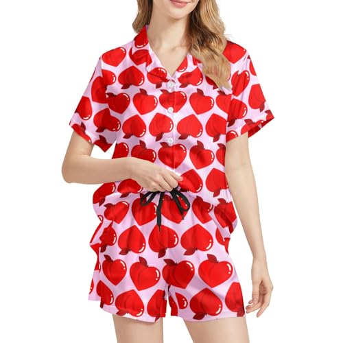 Image of Funny Pajamas for Women Set Print Satin Loungewear Pjs Short Sleeve Button Down Top and Shorts Sets Sleepwear XS-3XL