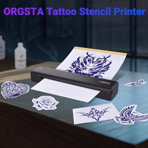 ORGSTA S008 Tätowier Schablonendrucker Bluetooth Thermodrucker Tattoo mit 10 Stück Papier, Tattoo Vorlage Ducker Kabelloser Thermodrucker für Künstler und Anfänger