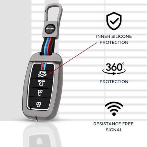 Image of KEYCEPT Metal Key Cover Compatible for Kia Seltos | Sonet | Carens 4 Button Smart Key with Keychain (Short Keychain).