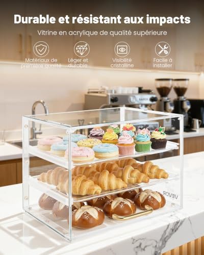 VEVOR Vitrine Comptoir de Boulangerie de 33x26x26 cm à 3 Niveaux, Présentoir à Pâtisserie en Acrylique Transparent, pour Présentation Biscuits Desserts Beignets Pains Gâteaux, avec Porte Rabattable – vue 2