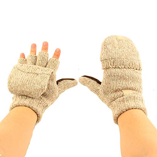Sk Hat Shop Men's Thinsulate 3M Thick Wool Knitted Half Mitten Suede Palm Gloves L/Xl Beige #TOP1